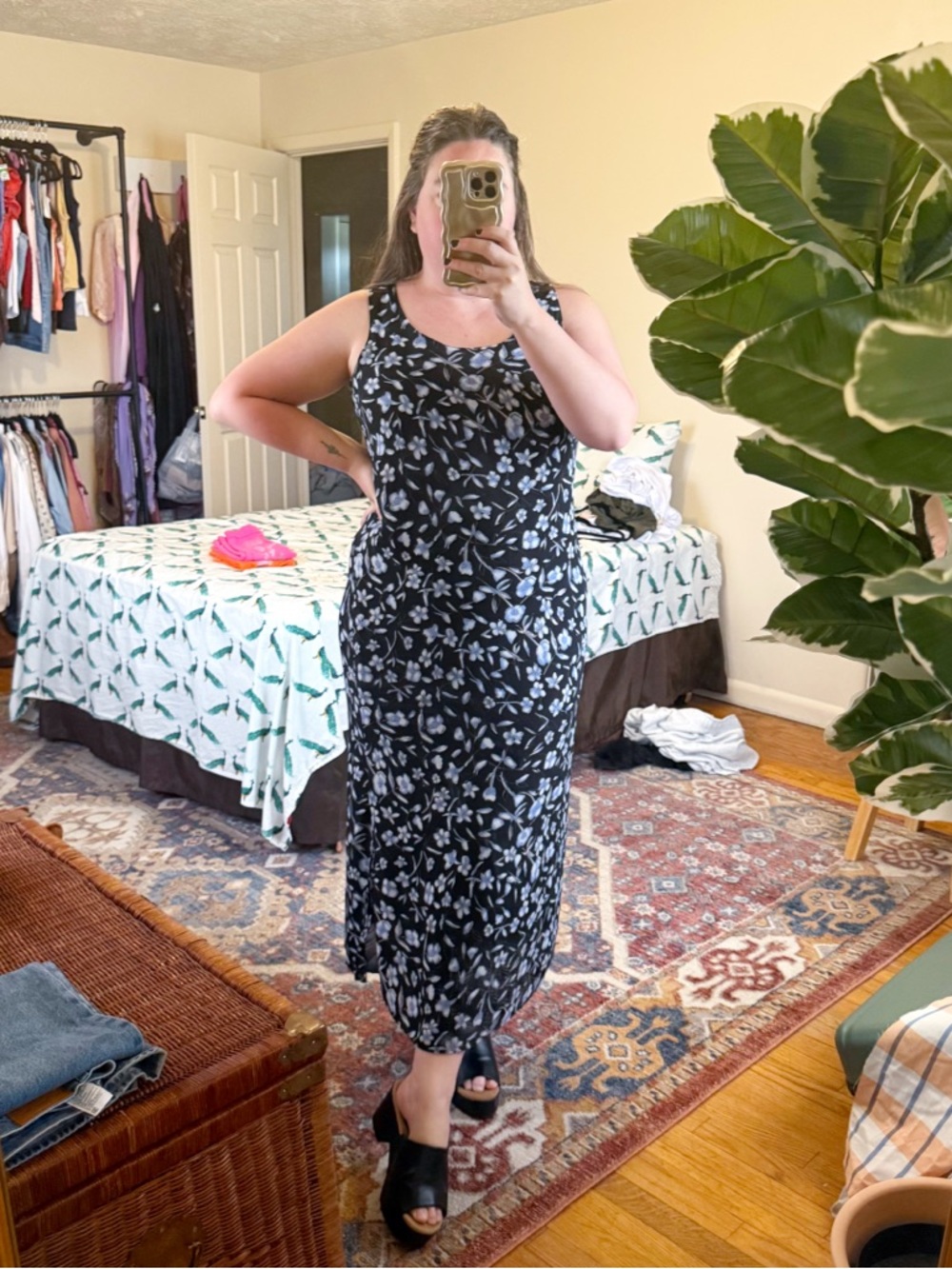 Black & blue floral & striped reversable maxi dress